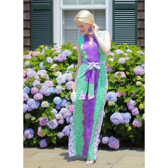 Rulon Reed Morgan Maxi Dress XS Green Purple Hibiscus Belt Sheath Resort - Picture 1 of 15
